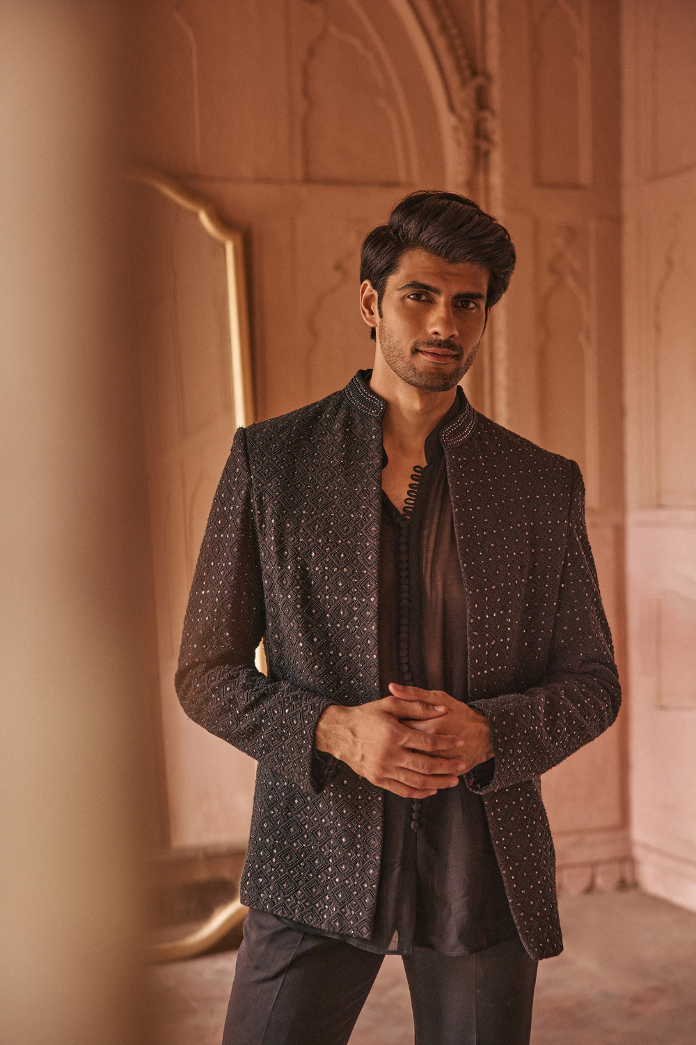 Black, mirrorwork, jacket ensemble