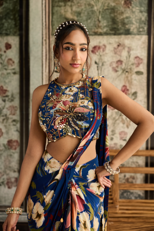 BLUE FLORAL PRINTED SKIRT SAREE SET