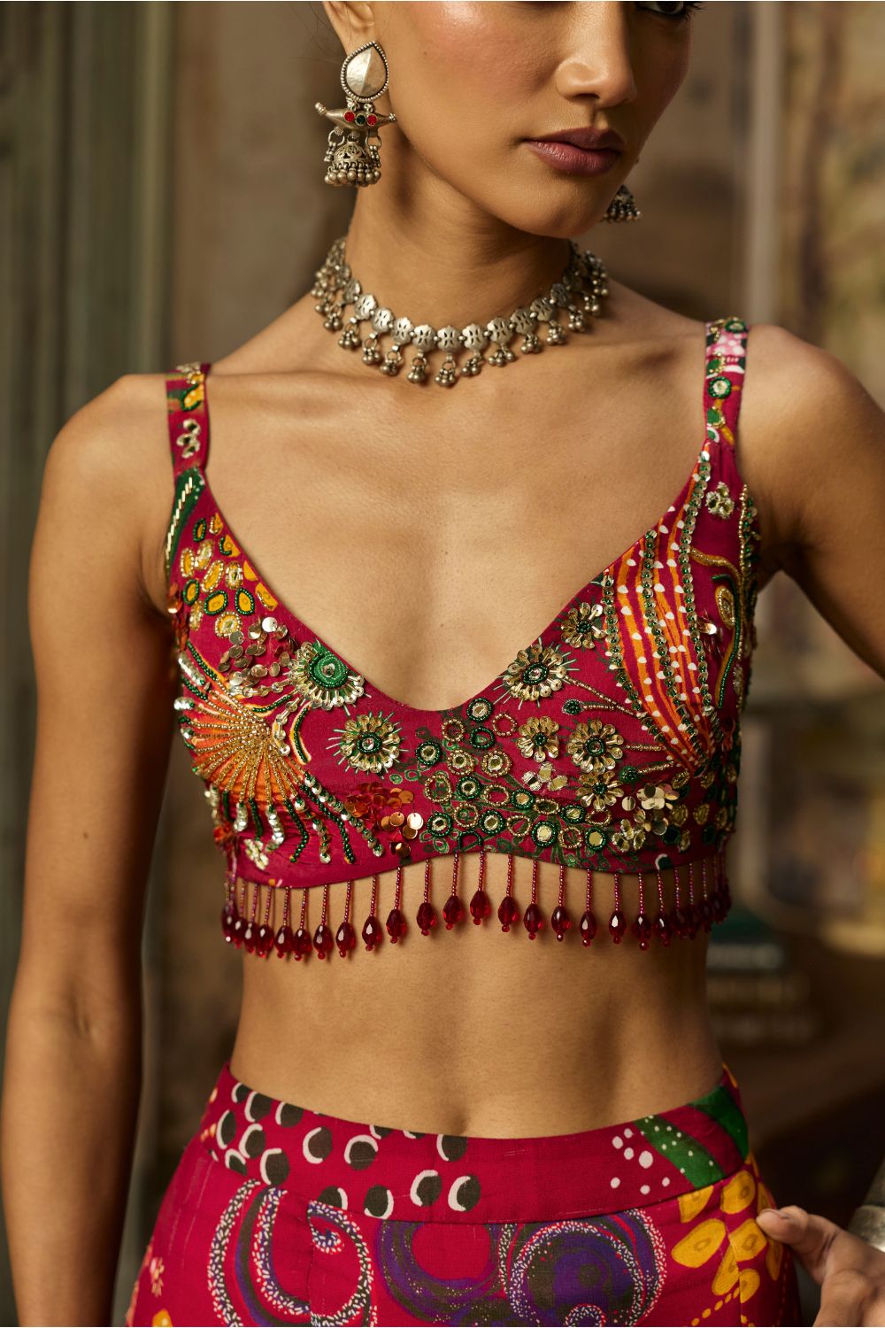 DEEP RED PRINTED AND HIGHLIGHTED SKIRT SET