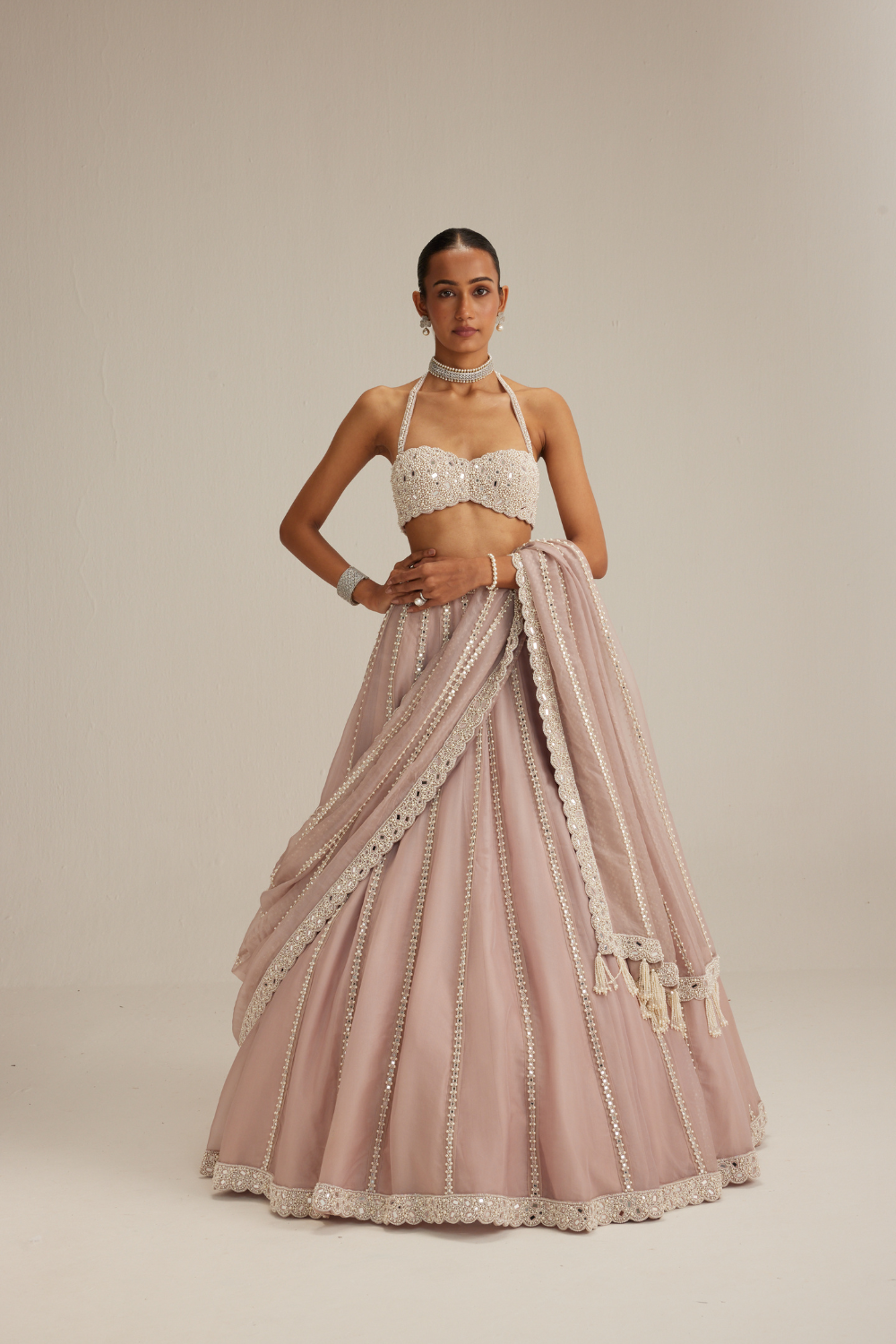 Ash Pink linear embroidered Organza Lehenga Set