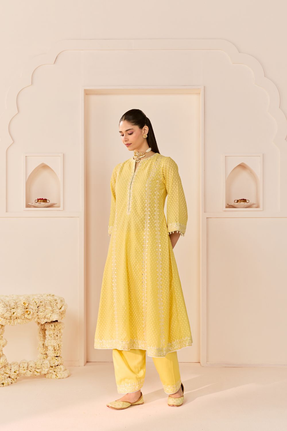 FIRDAUS -LEMON YELLOW LONG KALIDAAR CHAUGA WITH DOGRI SALWAR AND DUPATTA