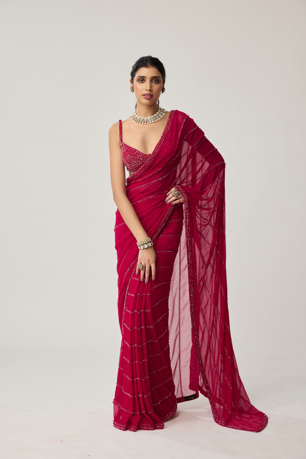Ruby Red Crystal Saree set