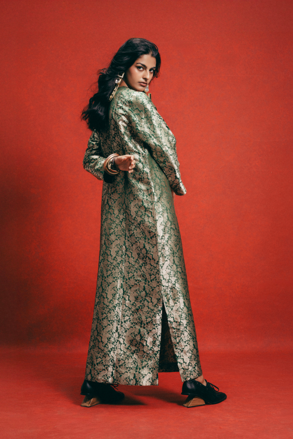 Handwoven Sage Green Banarasi Kaftan