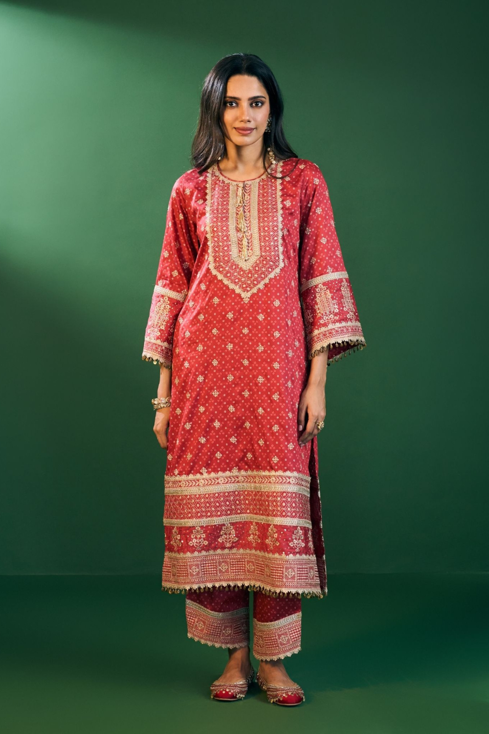 Lari Pima Satin Printed Red Kurta Set
