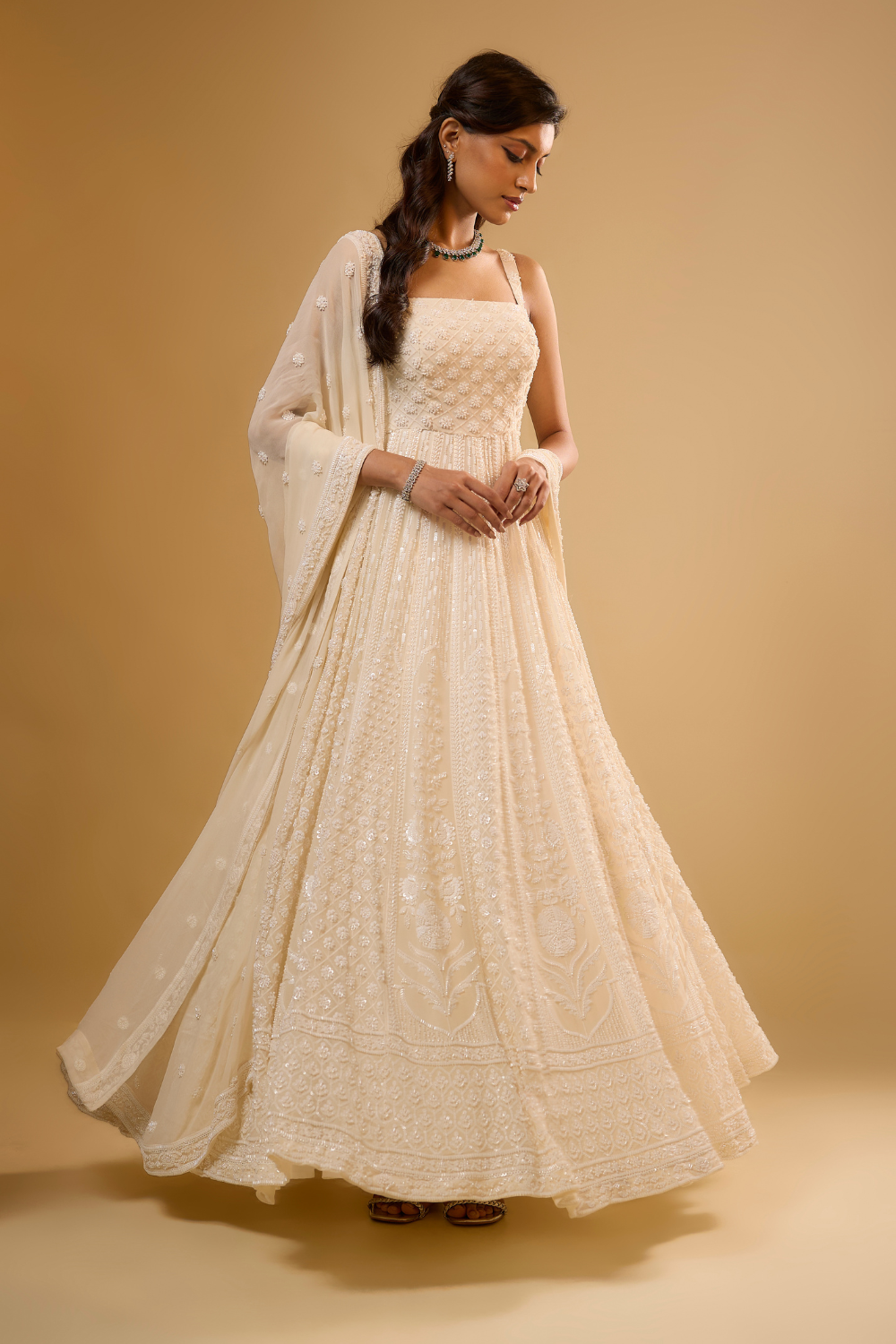 Vanilla white georgette anarkali set with sequins & glass beads