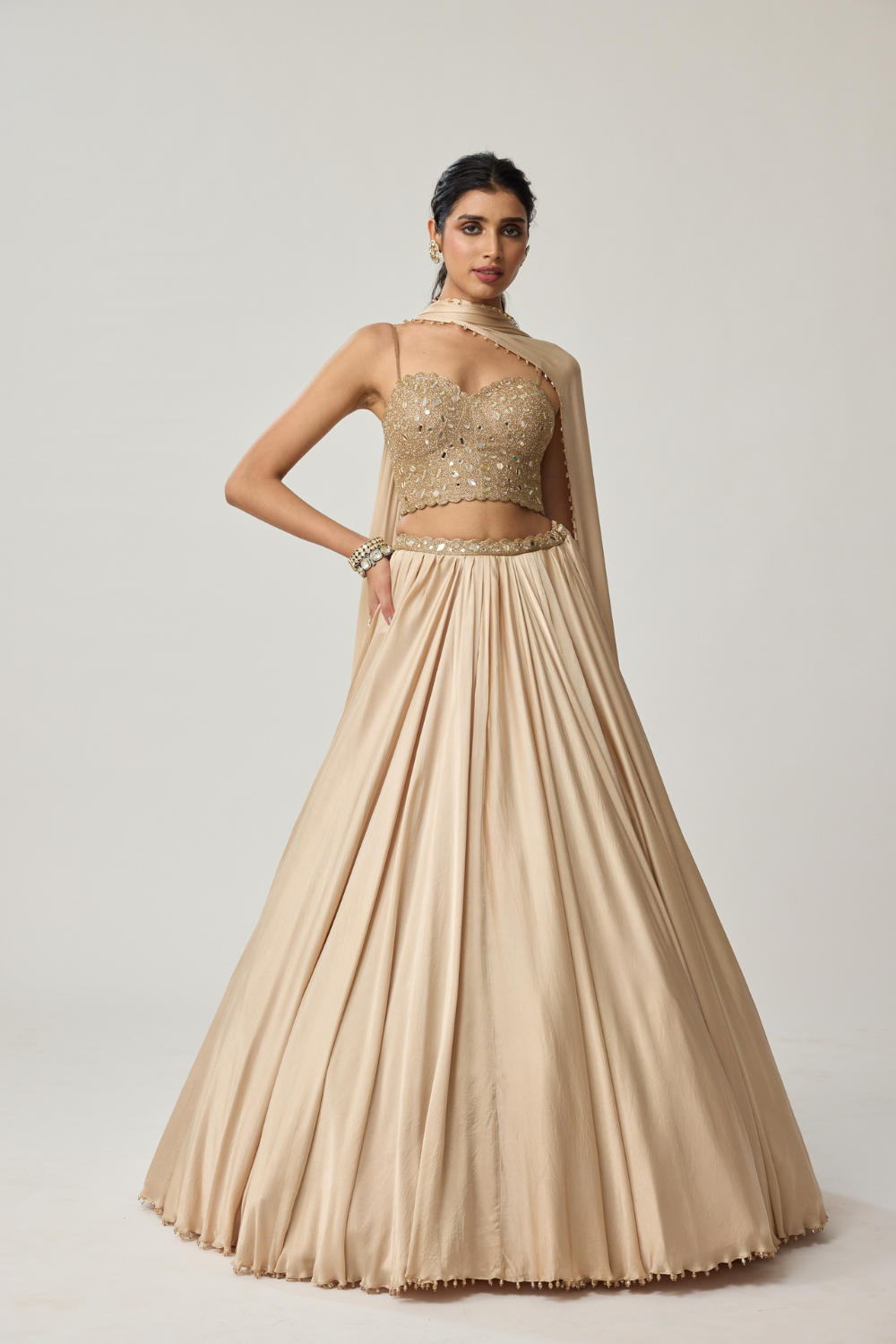 Light Beige Mirror Corset Satin Lehenga Set
