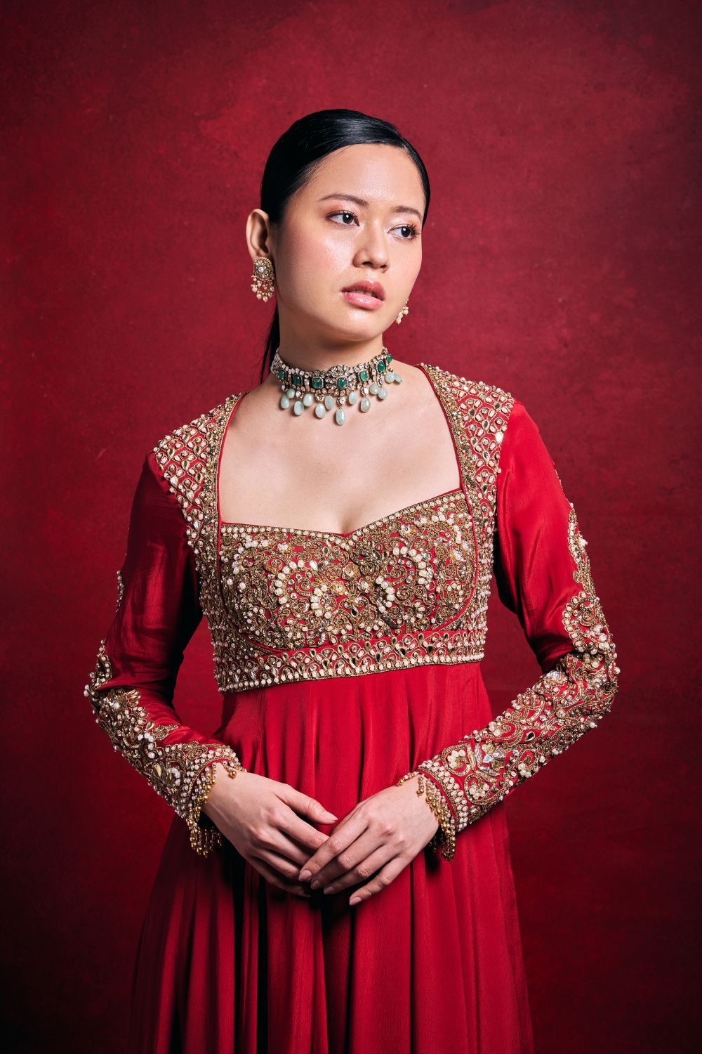 RED CREPE ANARKALI SET