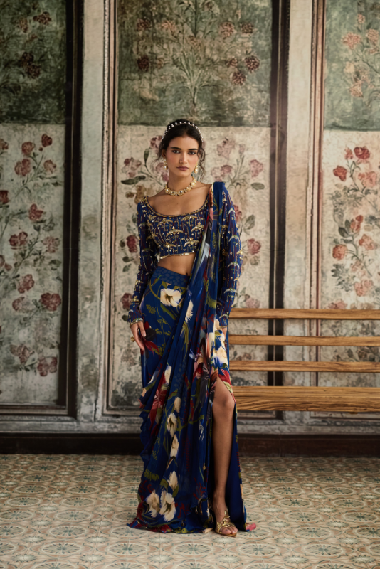 BLUE FLORAL PRINTED SKIRT SAREE SET