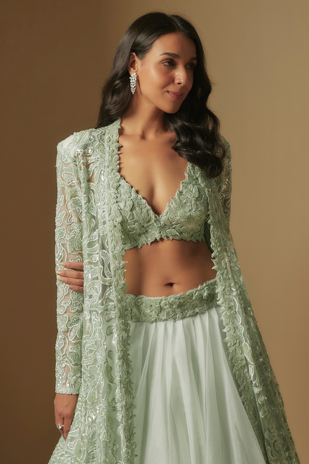 Dex Hand embroidered blouse paired with Long jacket and skirt