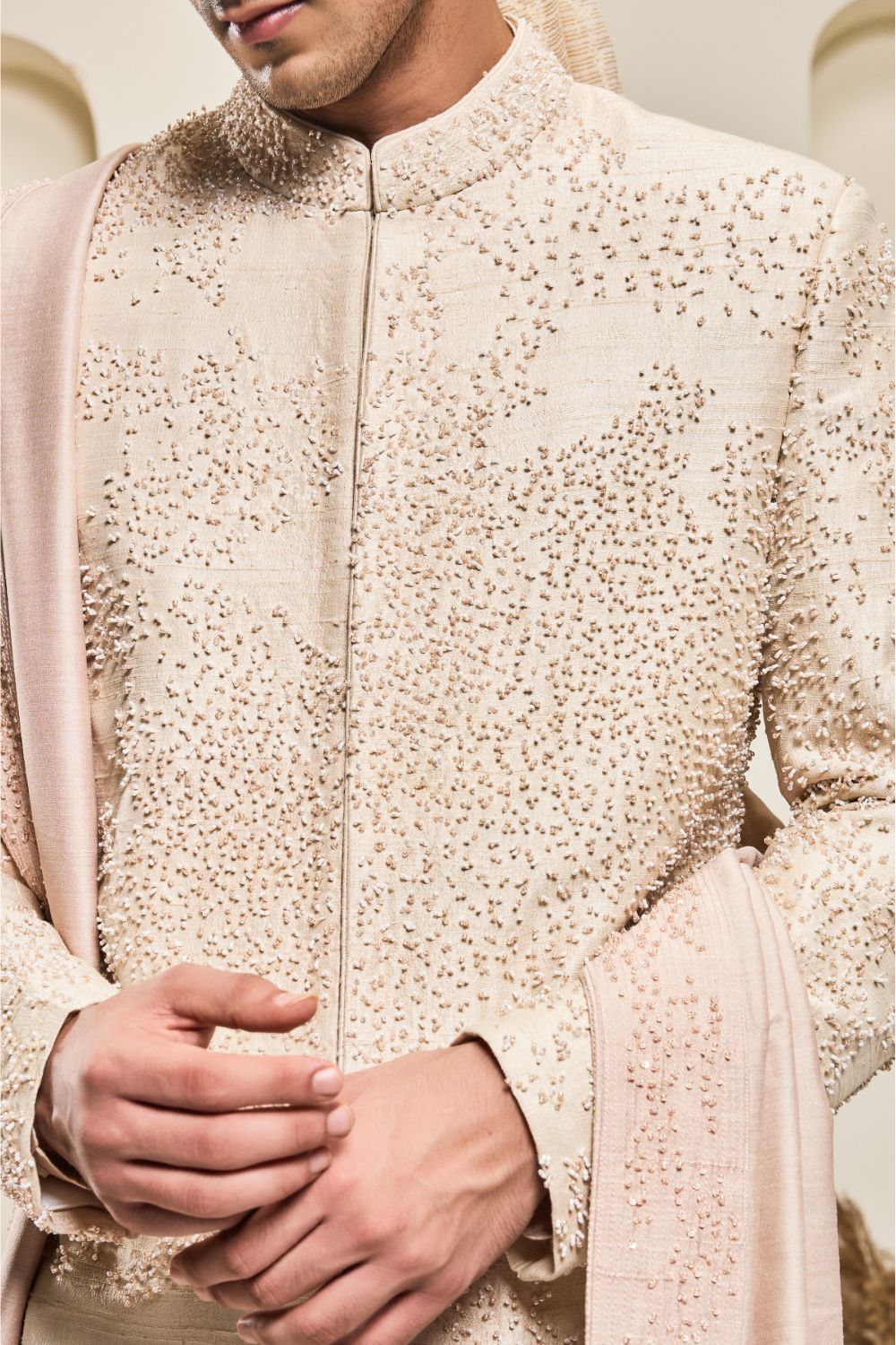 Dusty rose sherwani with pearl and cutdana
