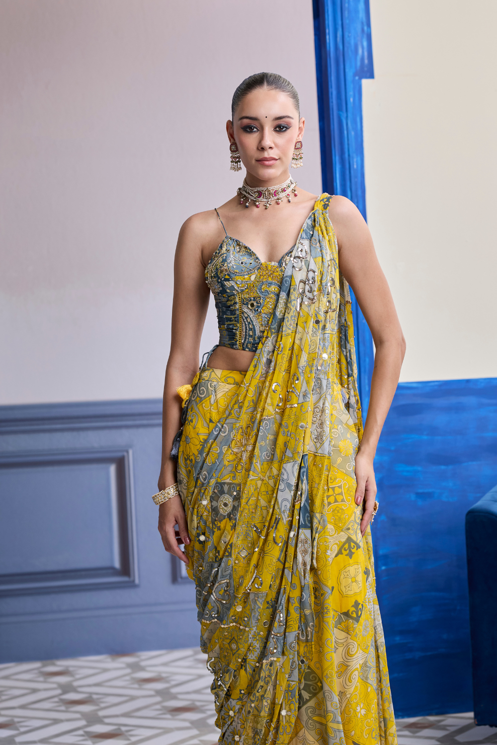 Yellow Grey Mosaic Ruched Corset with Drape Sharara Saree Set