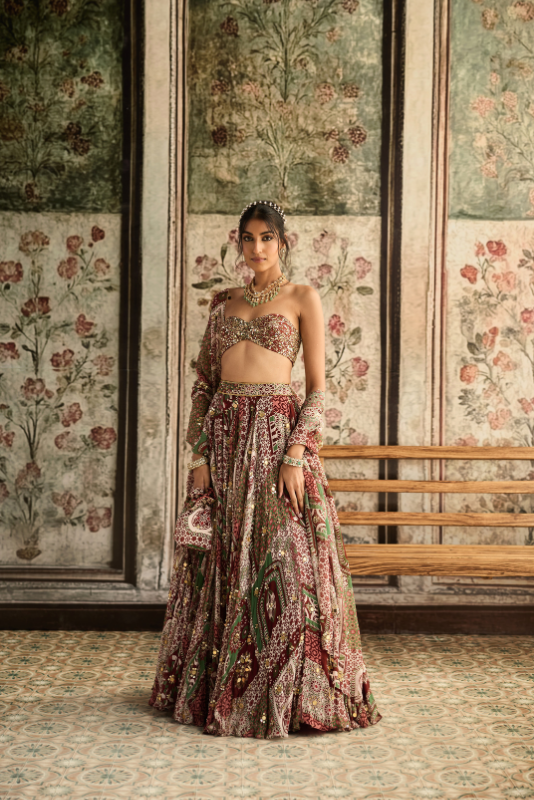 SAGE-MAROON PRINT AND HIGHLIGHTED STRAPLESS BLOUSE WITH LEHENGA SET