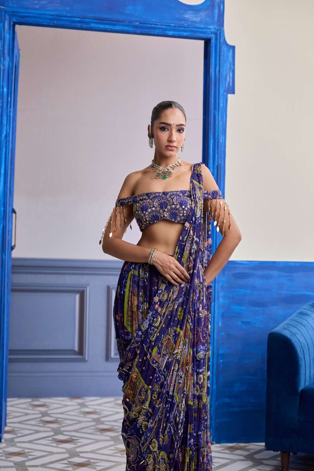 Violet Mosaic Off-Shoulder Blouse with Drape Tiered Skirt Saree Set