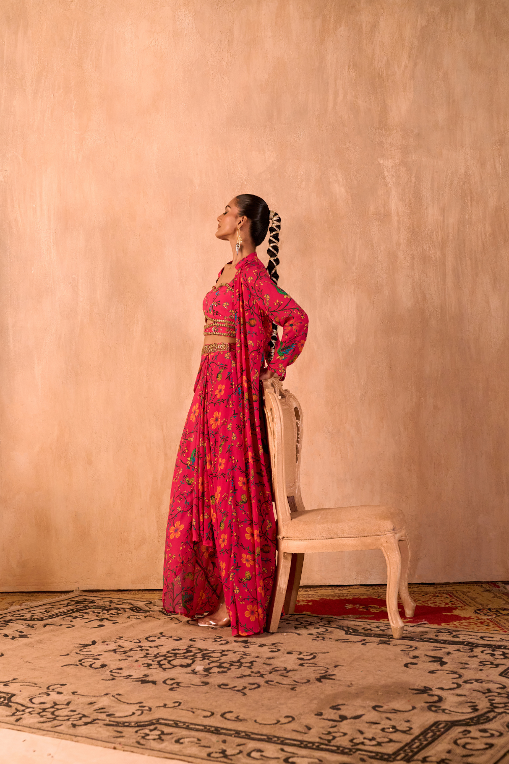PINK PRINT EMBROIDERED CHOLI, DRAPED SKIRT AND JACKET SET