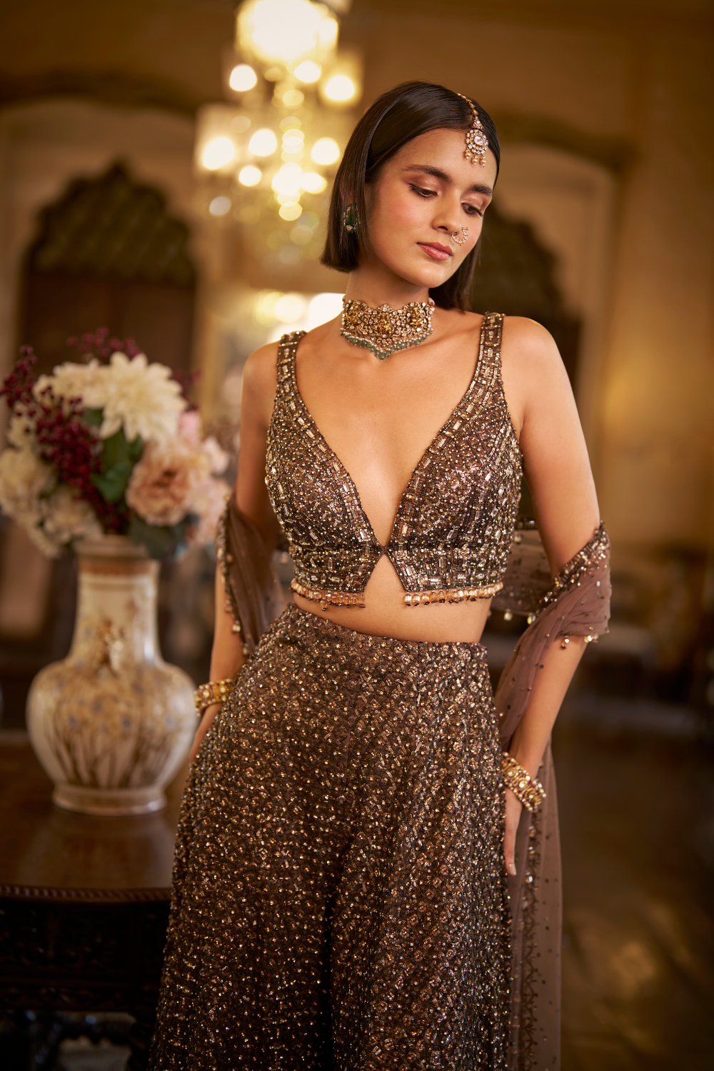 Brown Sequin Sharara Set