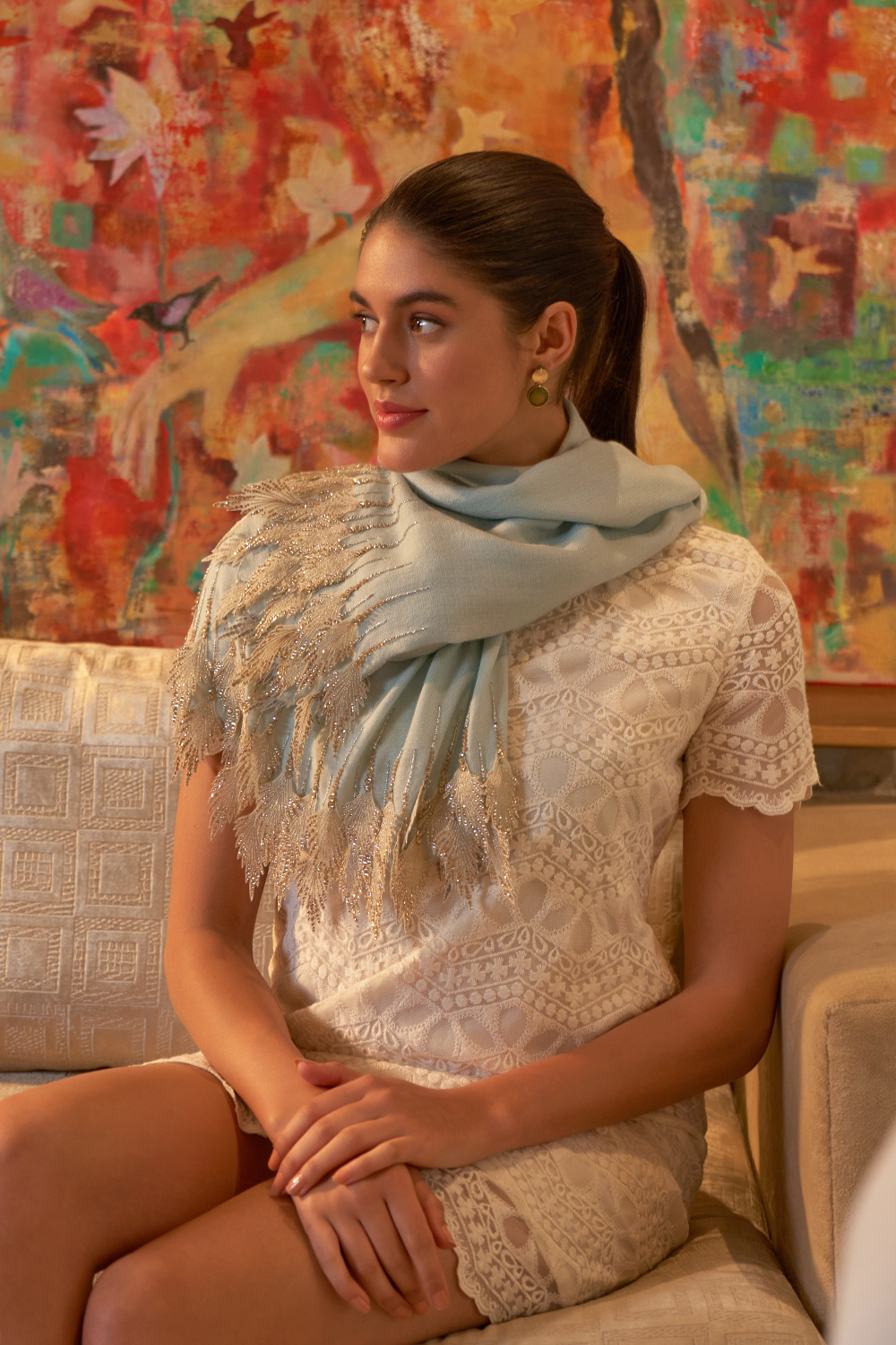 Leafy Sparkle Royal | Embroidered Fine Merino Wool Stole