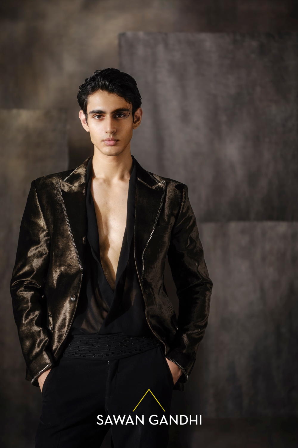 Brown velvet mirror work jacket