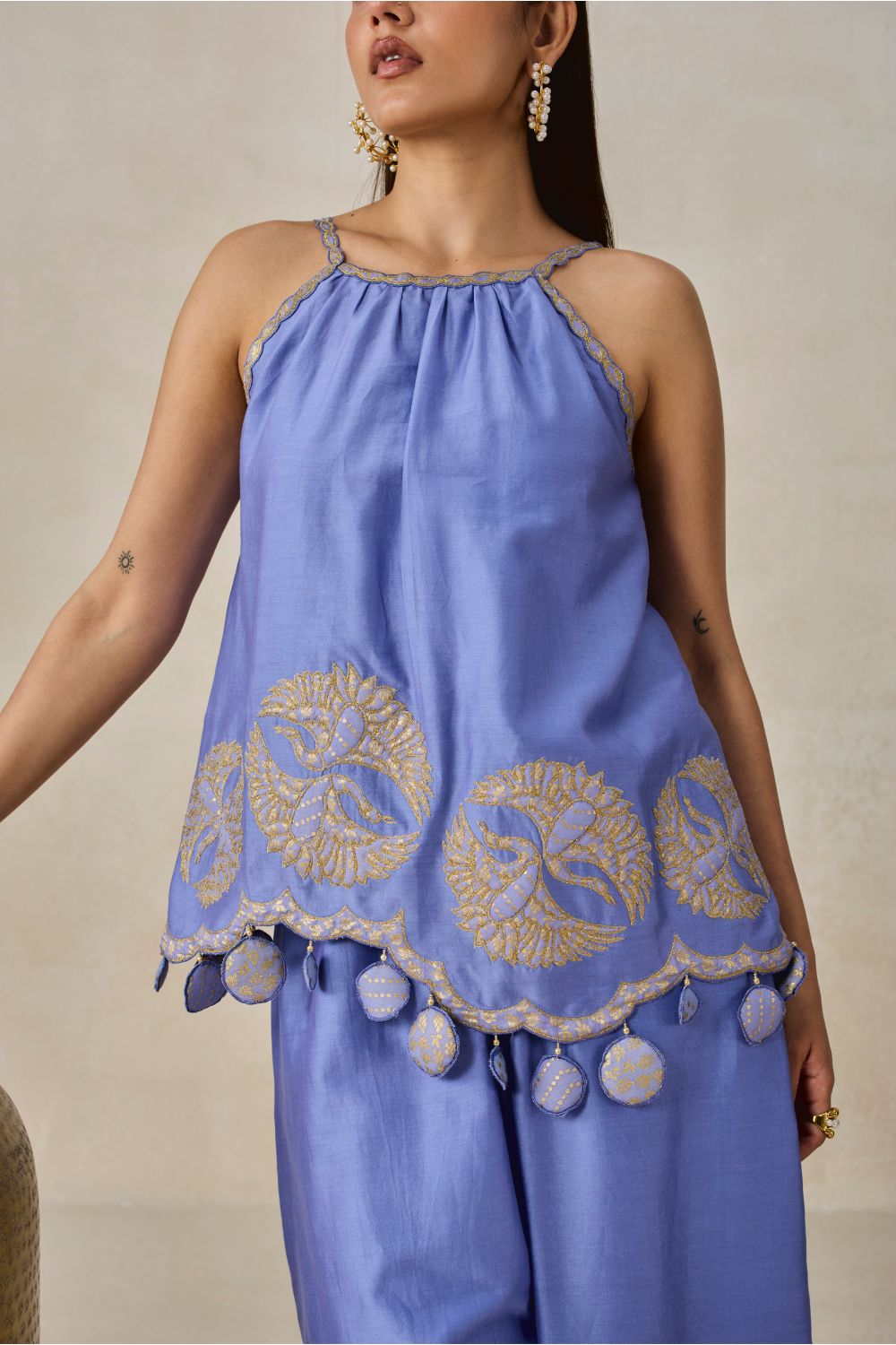 Chanderi Applique Embroidery Strappy Short Top And Palazo Set