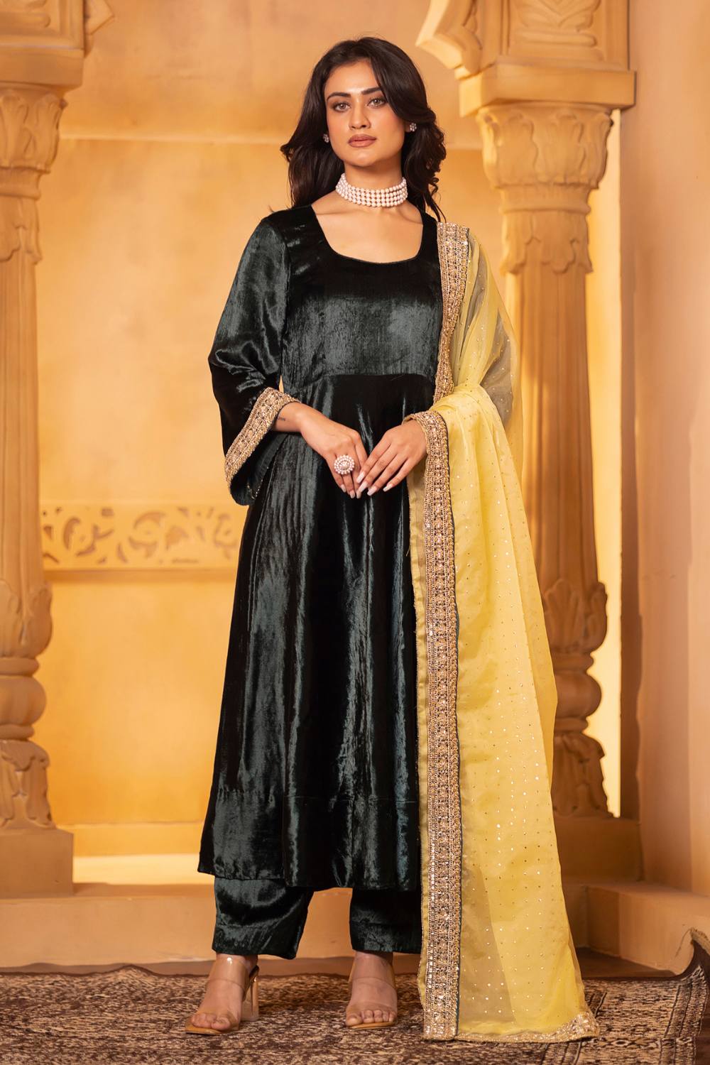 Emerald Velvet Anarkali Set