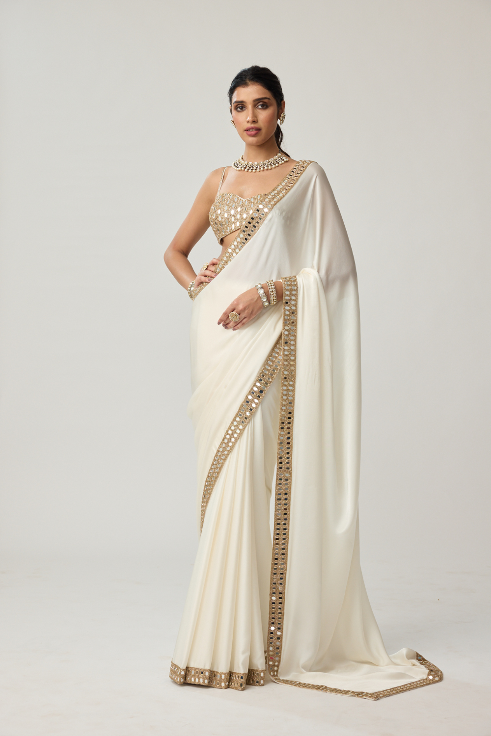 Off White Mirror Satin Saree Set