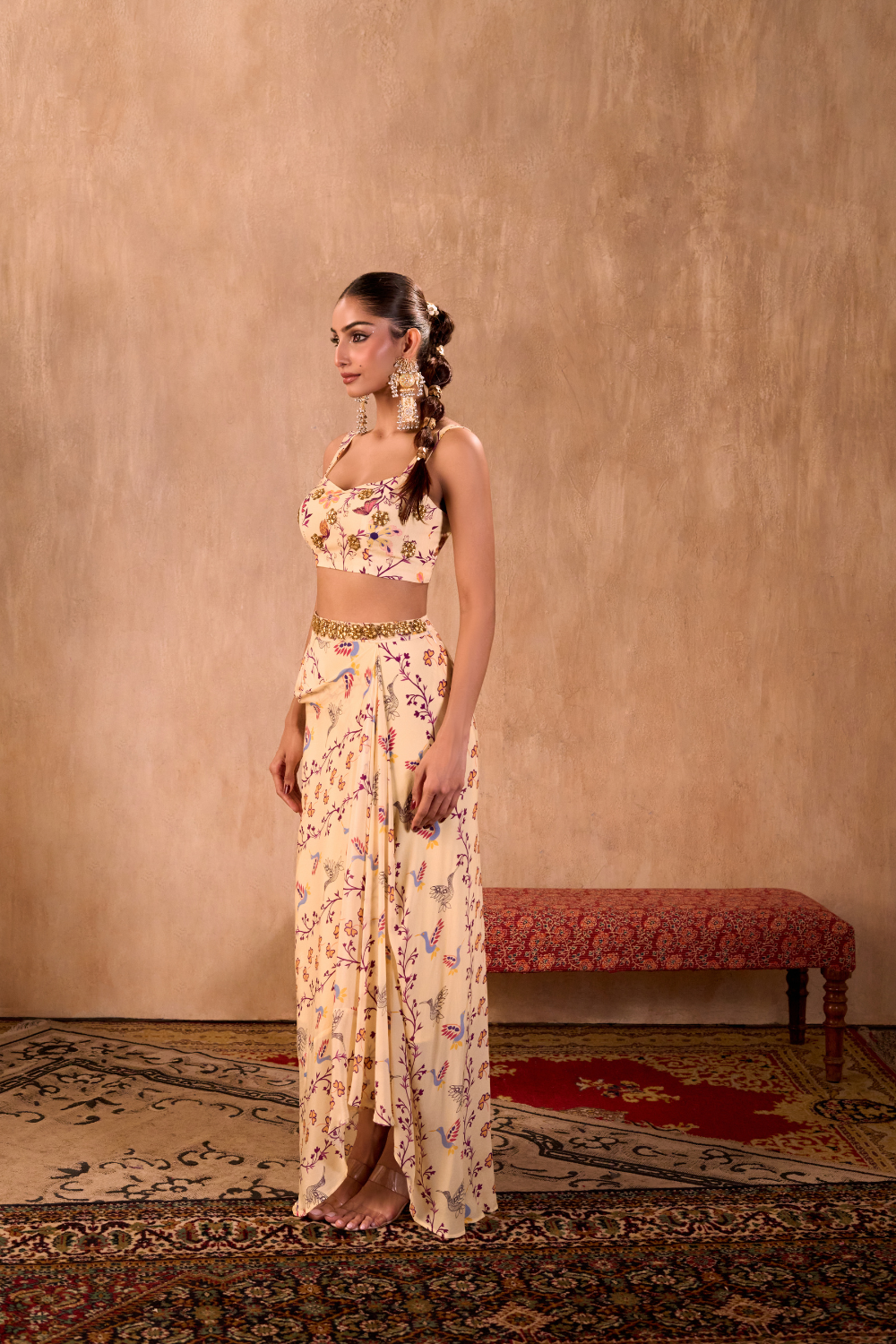 IVORY PRINT EMBROIDERED CHOLI, DRAPED SKIRT AND DUPATTA SET