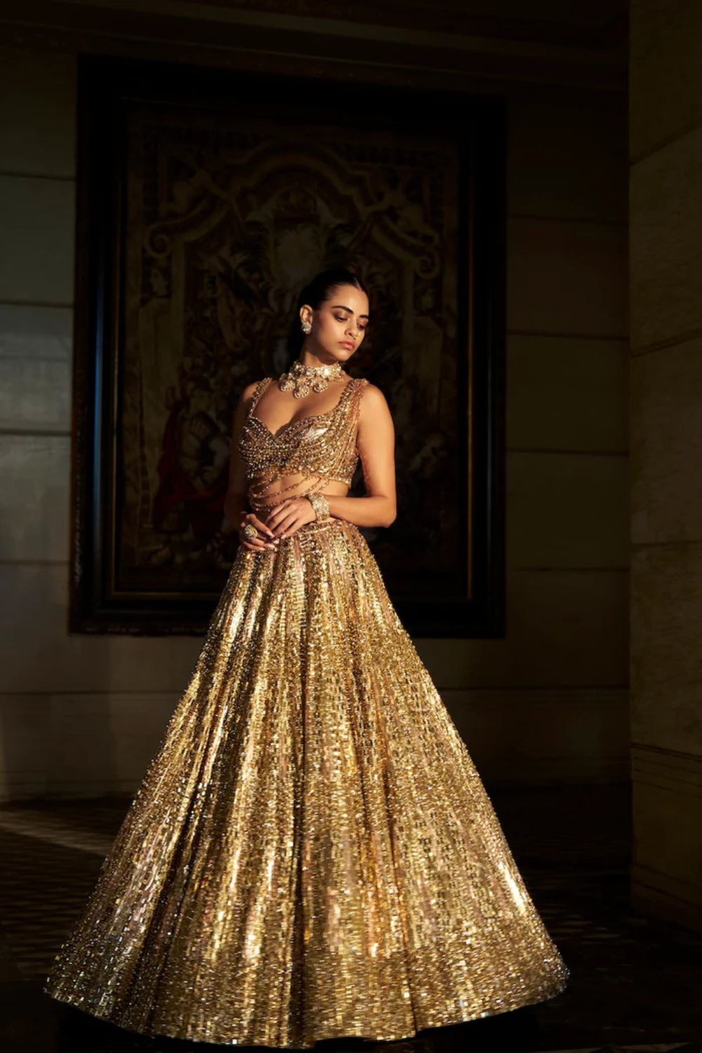 Gold Crystal Lehenga Set