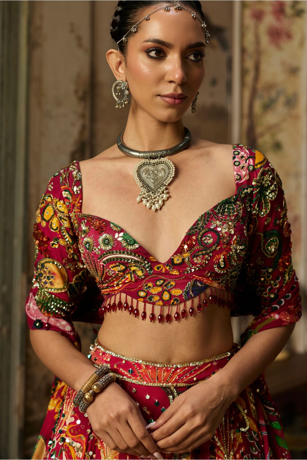 DEEP RED PRINTED AND HIGHLIGHTED LEHENGA SET