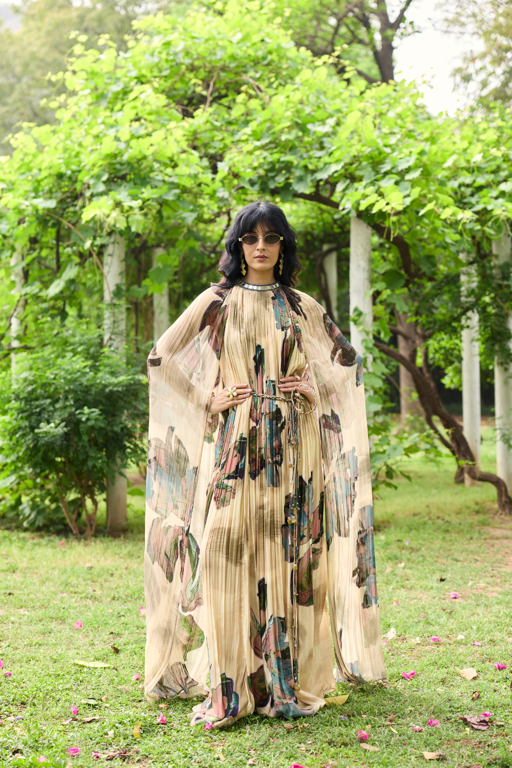 BEIGE FLORAL ROUCHED MAXI DRESS