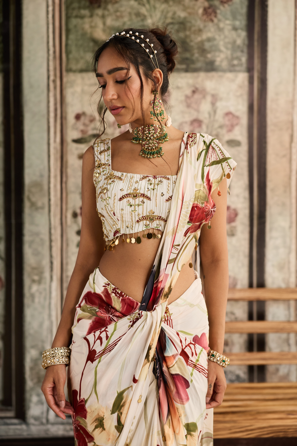 IVORY FLORAL PRINTED SKIRT SAREE SET