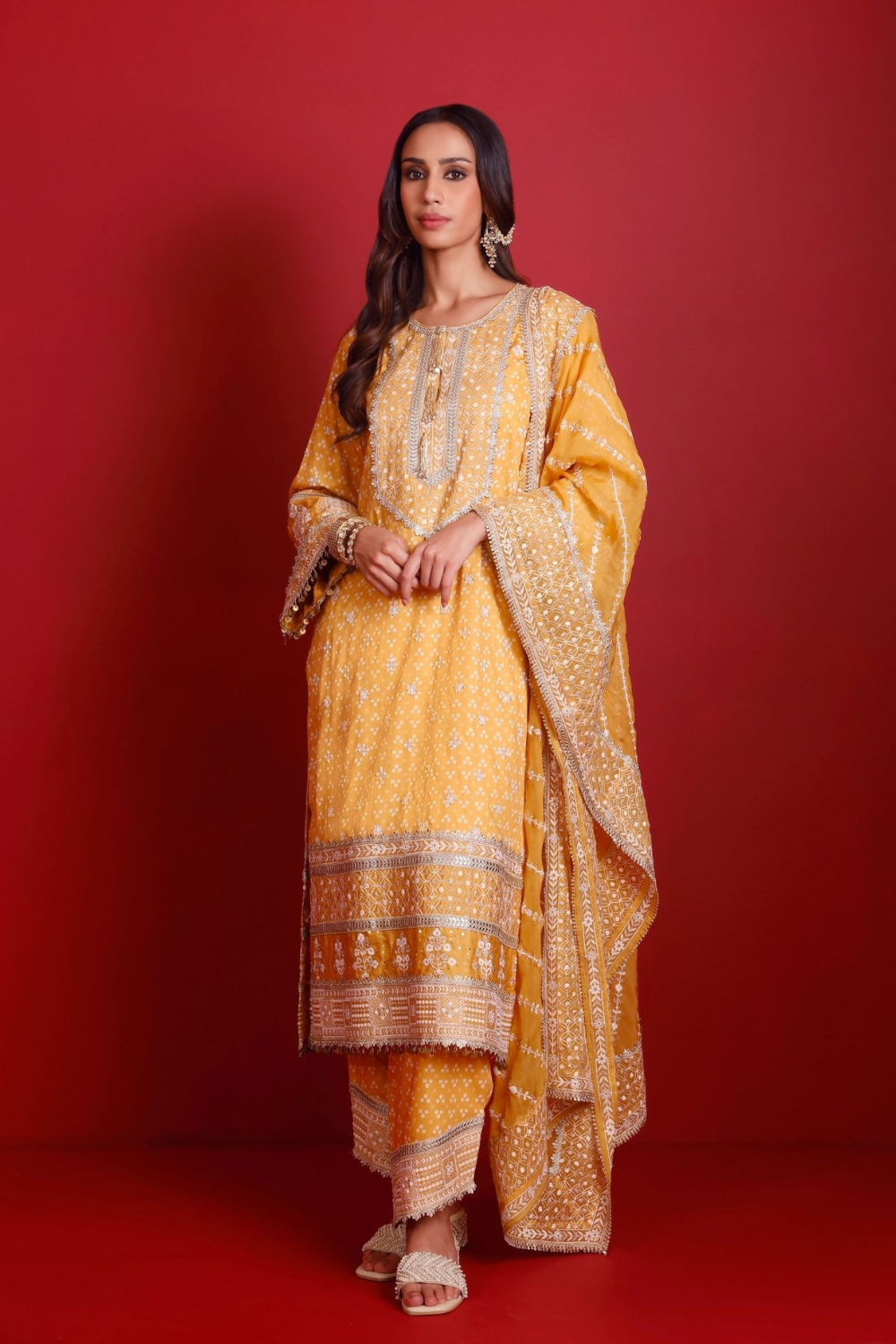 Lari Pima Satin Printed Mustard Kurta Set