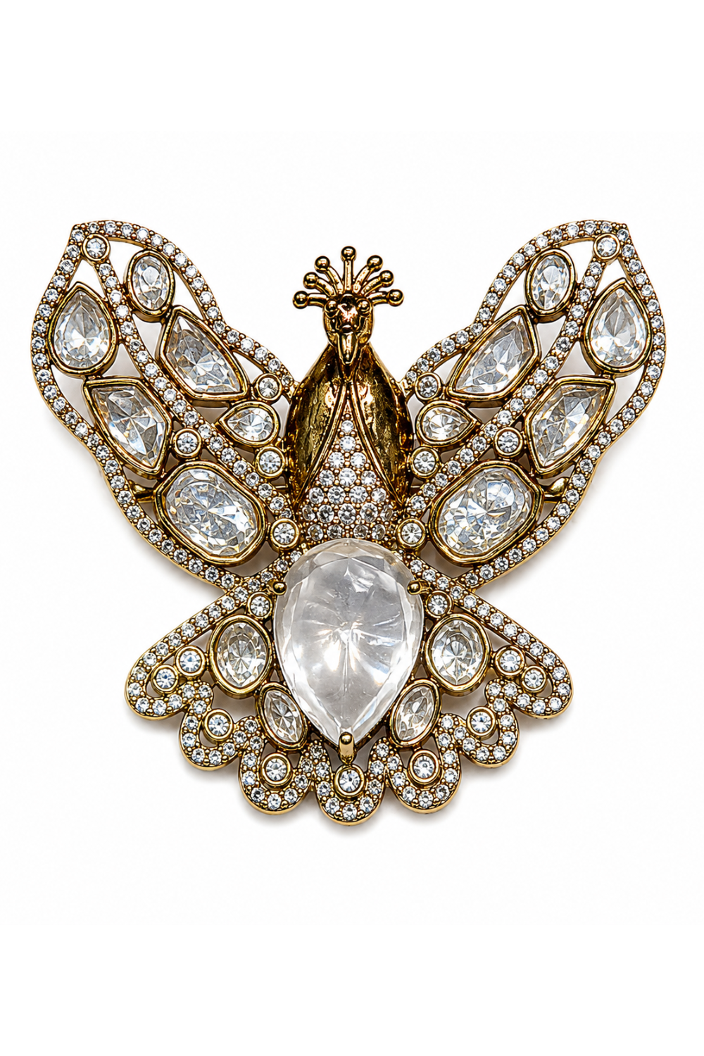 Gold Plated White Stone Peacock Motif Brooch