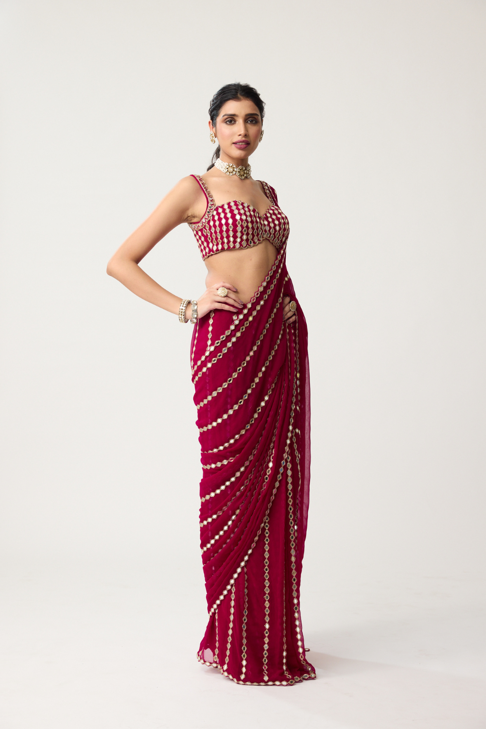 Ruby red Linear Mirror Saree Set