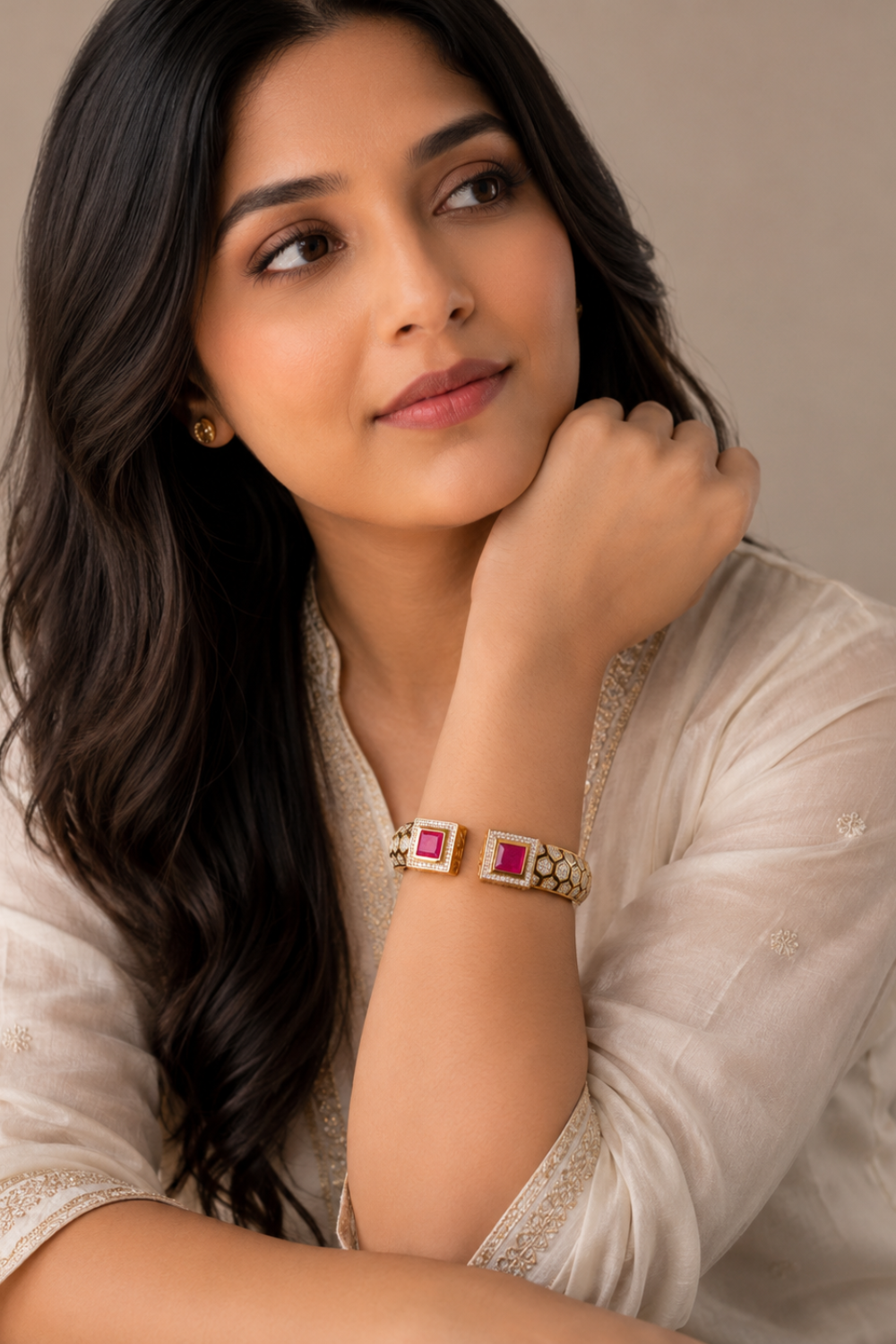 Gold-Plated Pink Stone Open Cuff Kada Bracelet