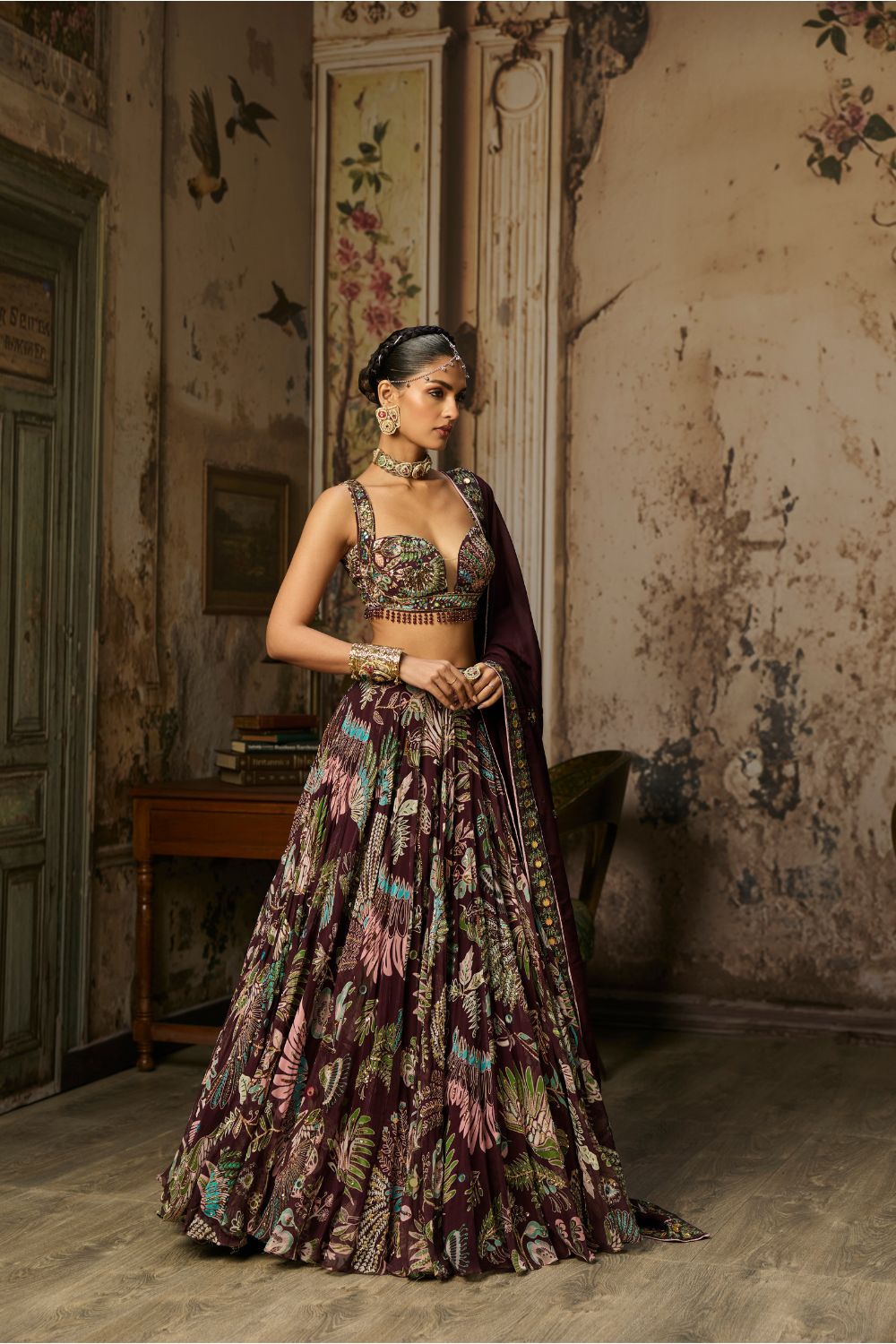 PLUM PRINTED AND HIGHLIGHTED LEHENGA SET