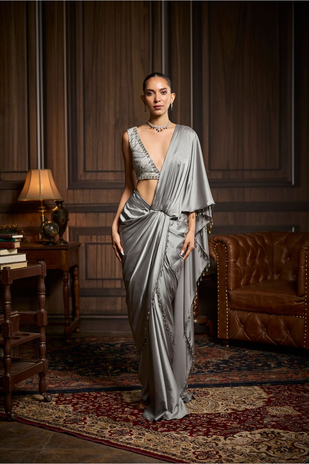 SILVER EMBELLISHED BLOUSE AND PRE-DRAPED SAREE SET