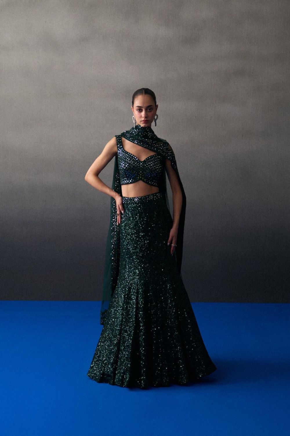 Green Sequins Georgette Skirt Set