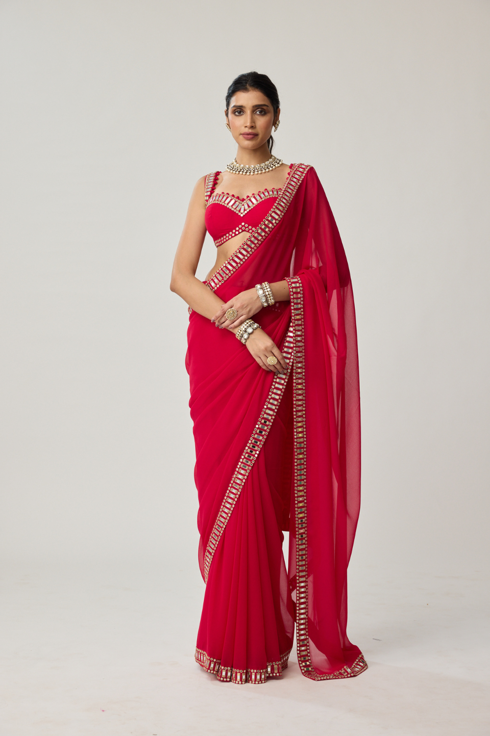 Crimson Red Mirror embroidered Georgette Saree Set