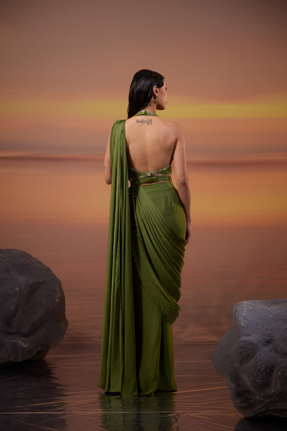 Olive Green Halter Neck Draped Saree Set