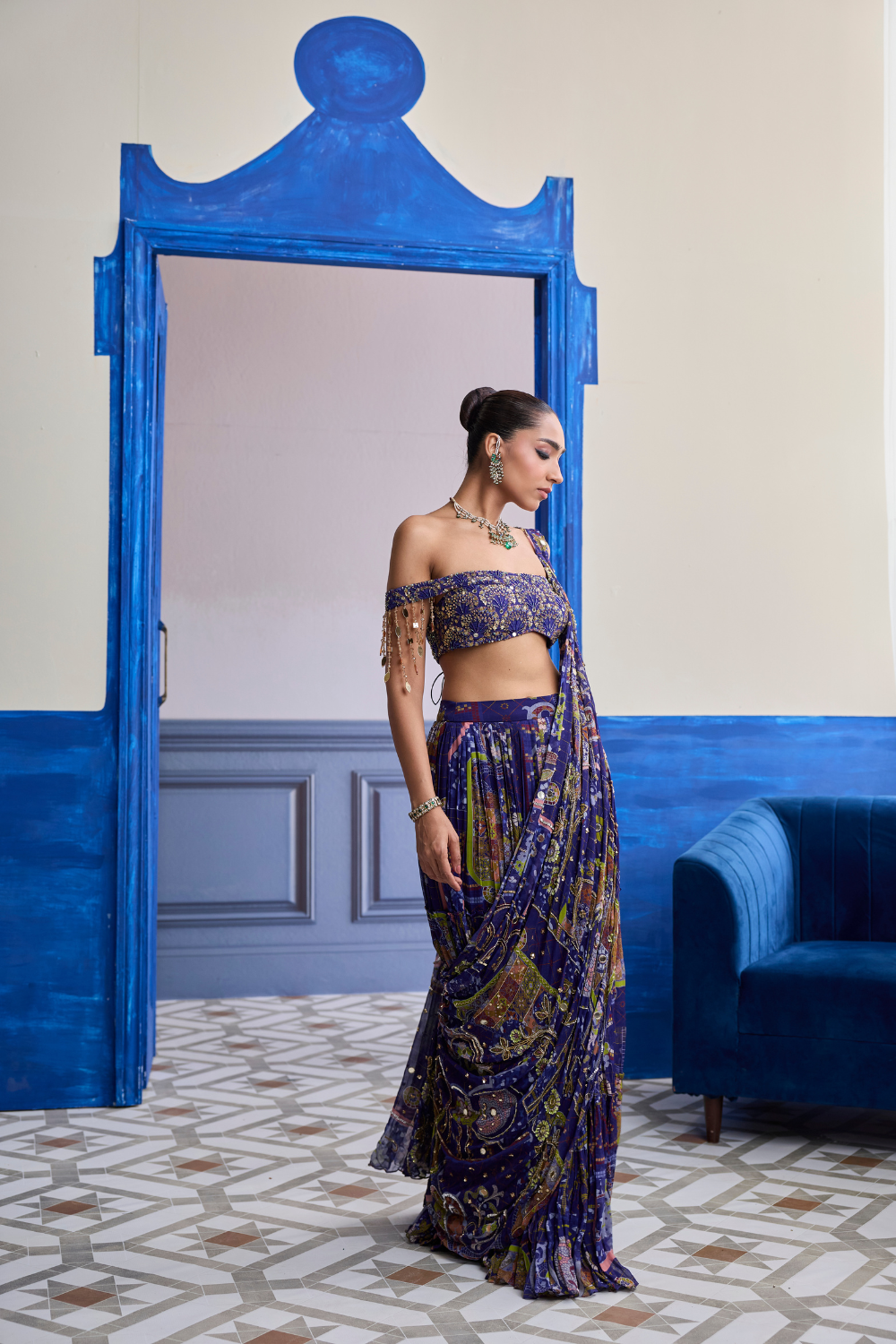 Violet Mosaic Off-Shoulder Blouse with Drape Tiered Skirt Saree Set