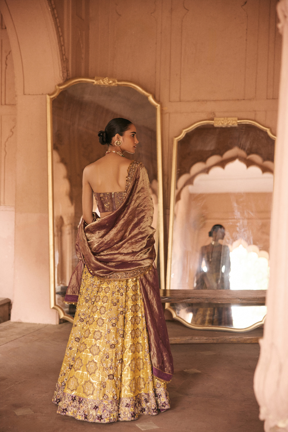 Yellow, Purple, hand embroidery, Dori, Tissue, Lehenga Set