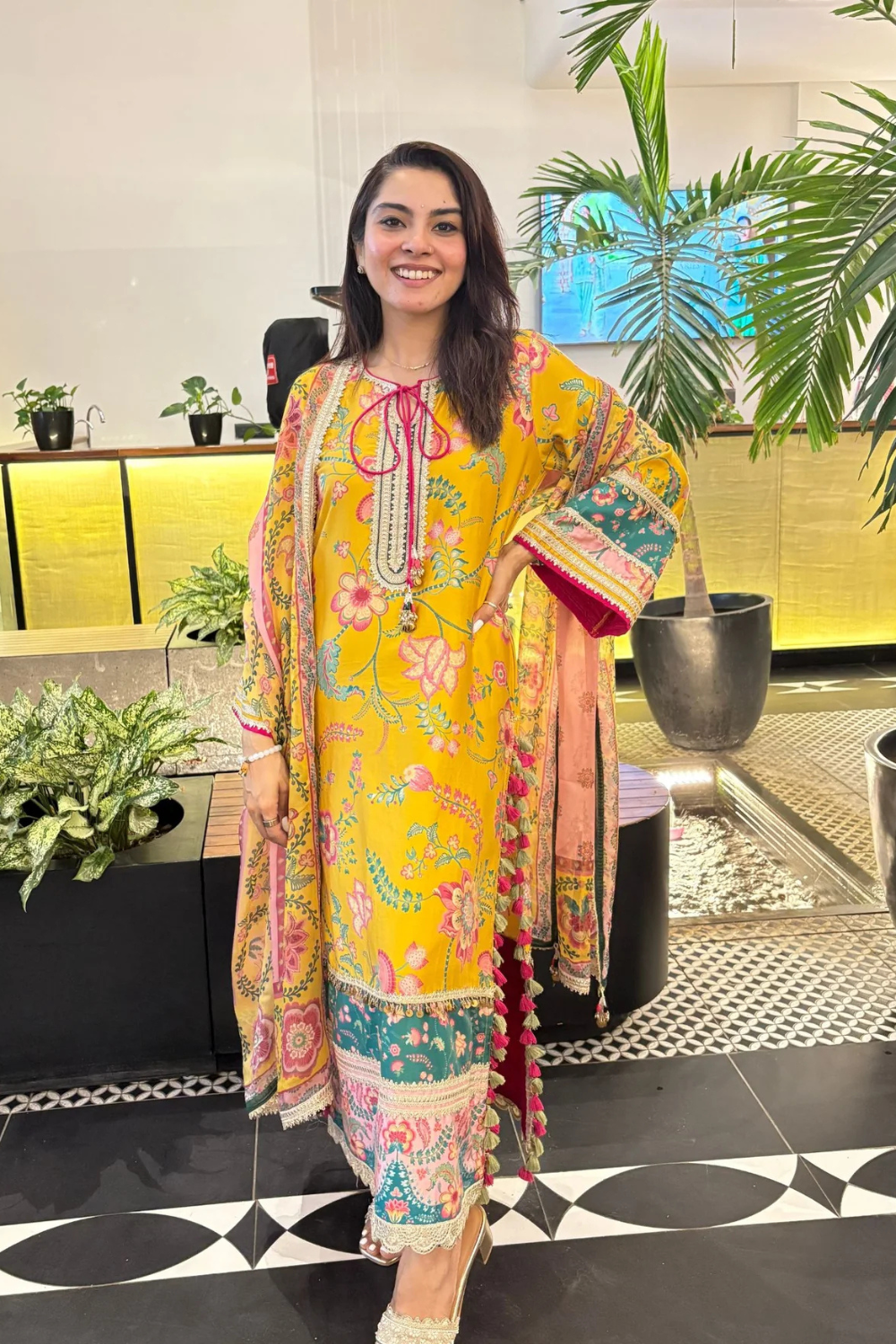 Nisi Pima Satin Printed Mustard Kurta Set