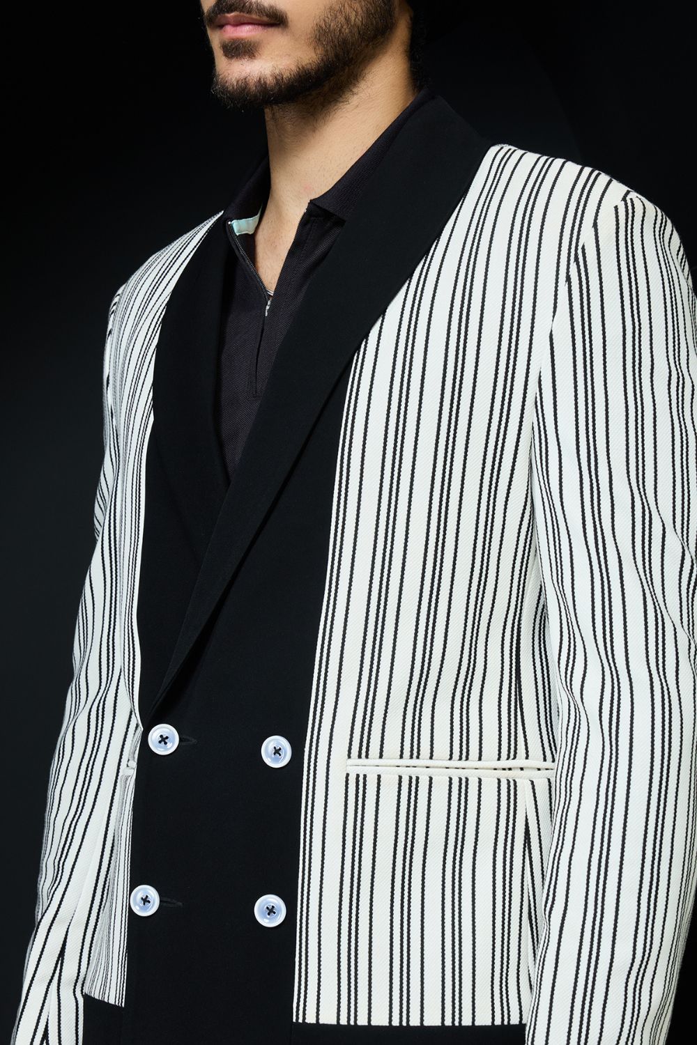 White and black strip jacket detailing with white button