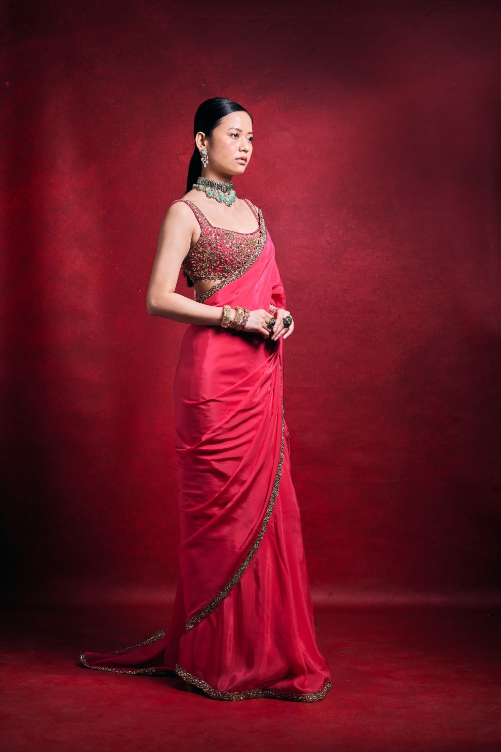 EMERALD GREEN CREPE SAREE SET