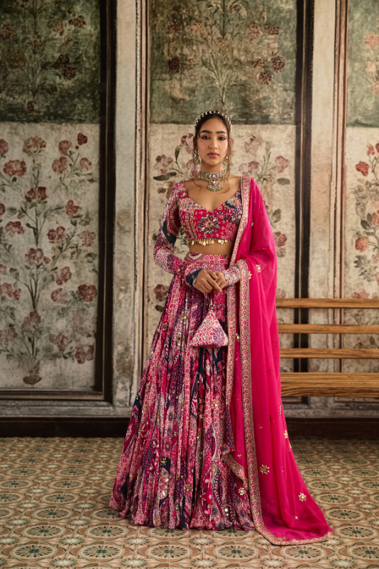 FUSCHIA PRINT AND HIGHLIGHTED ANGRAKHA BLOUSE LEHENGA SET