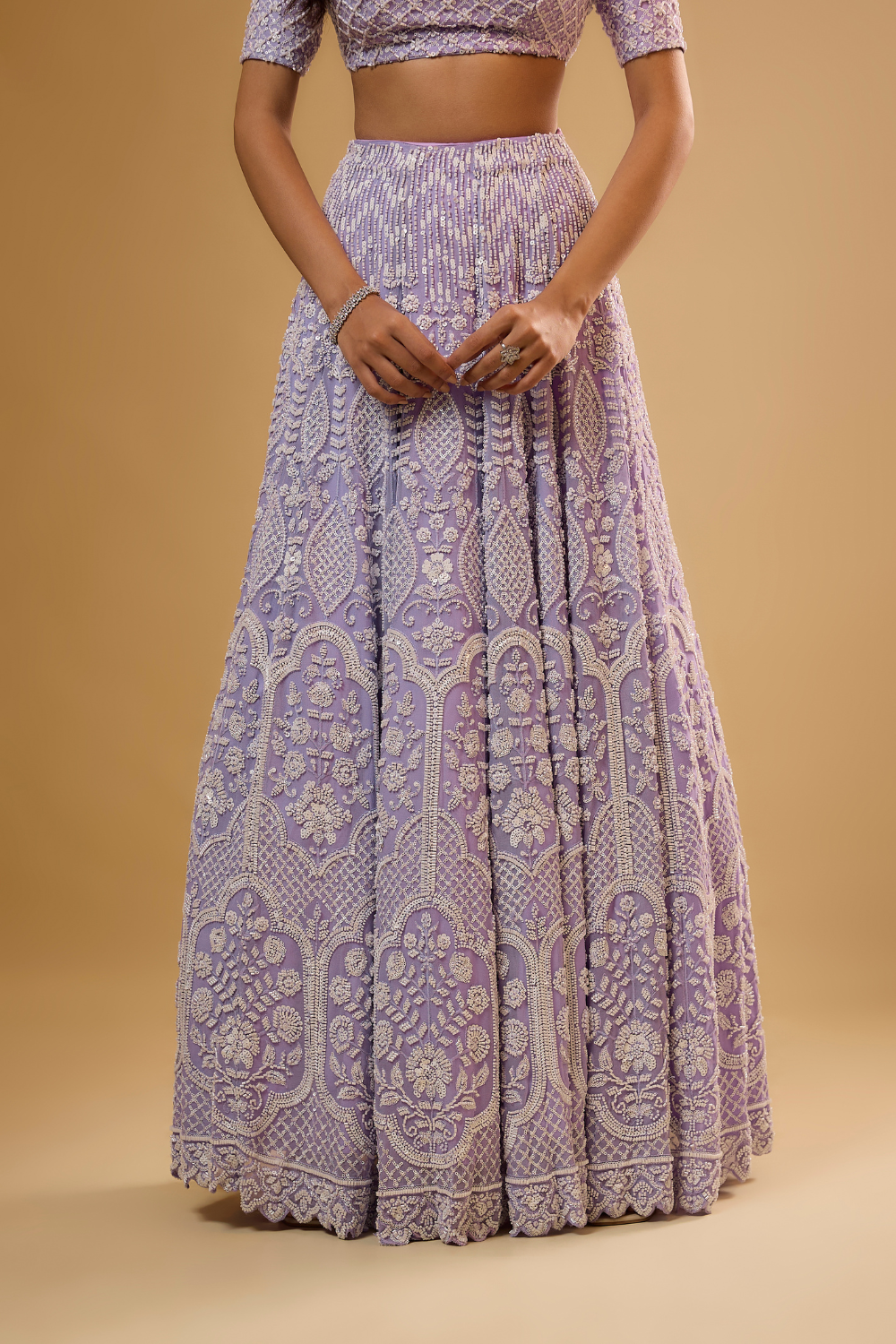 Lavender georgette lehenga set with sequins & glass beads