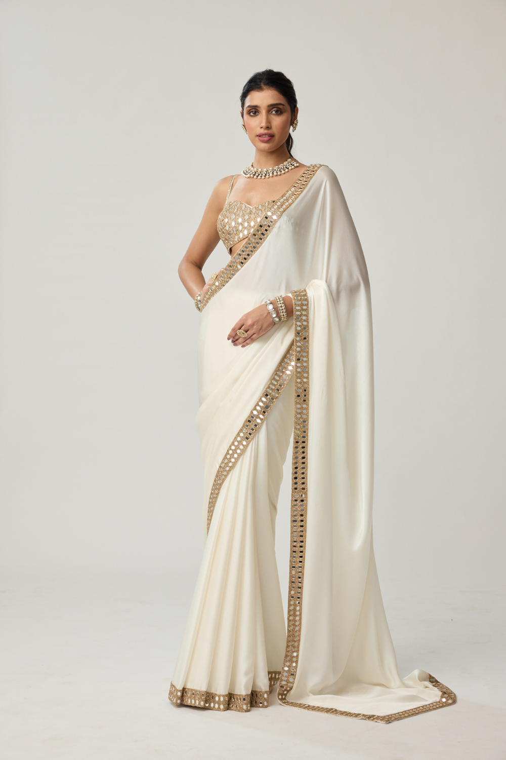 Off White Mirror Satin Saree Set