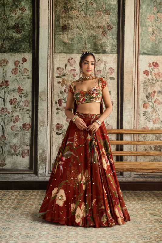 RUST FLORAL PRINT AND HIGHLIGHTED LEHENGA SET