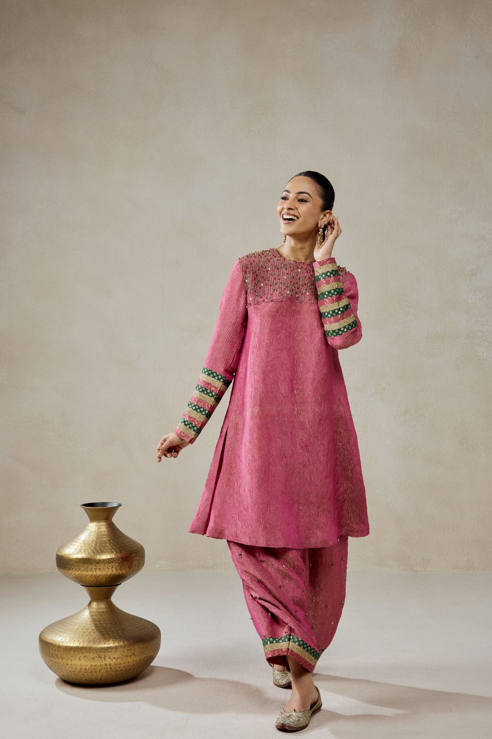Rose Pink Crinkle Tissue Suit Salwar Set