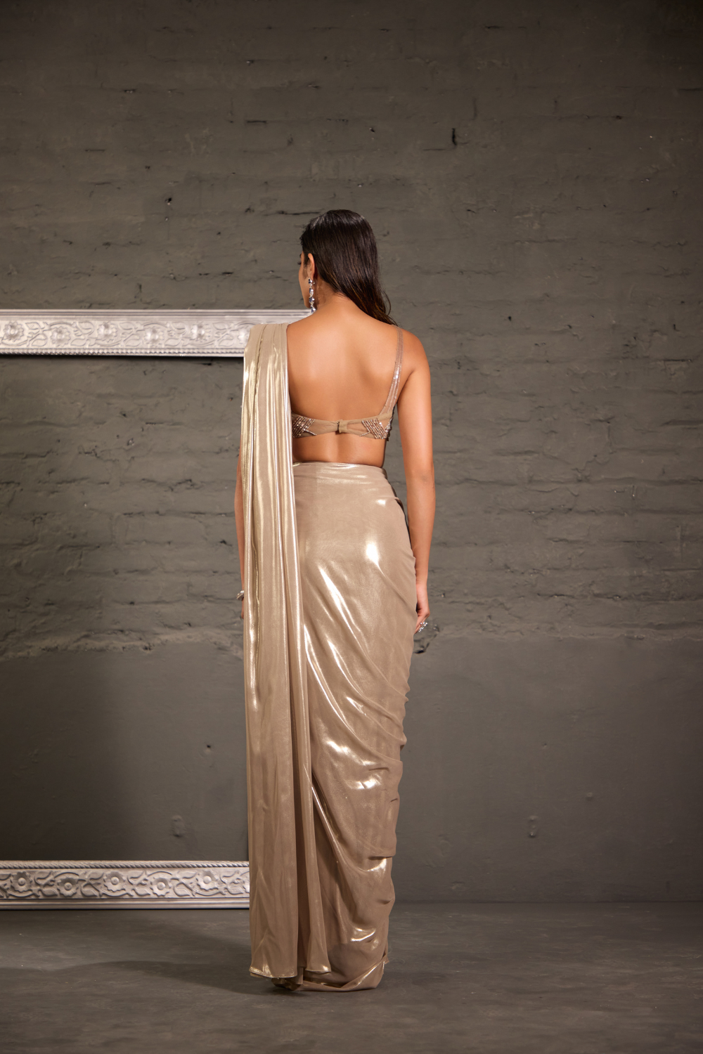 Champagnee Hand Embroidered Blouse With Drape Saree