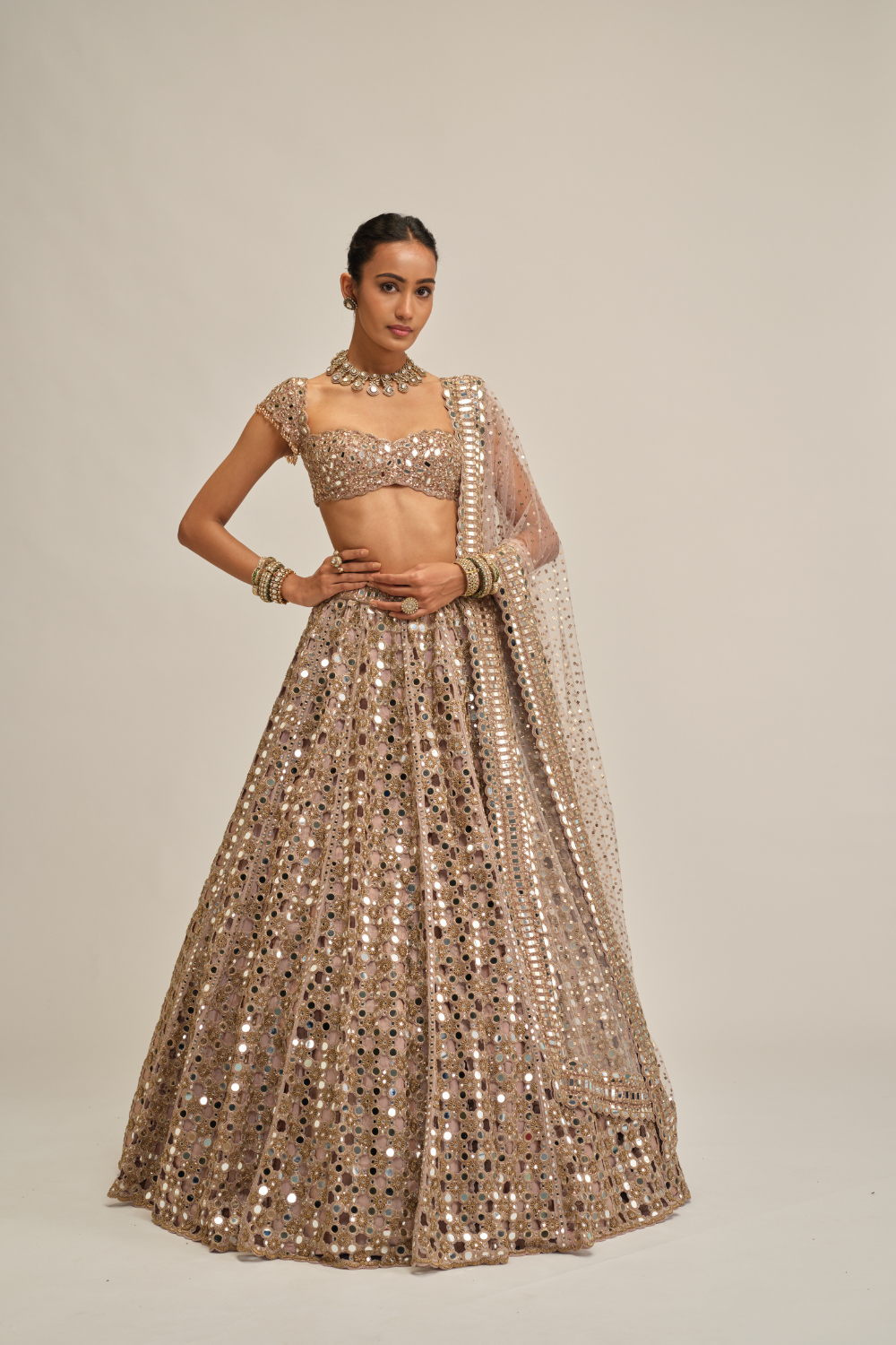 Ash Pink Dense Big Mirror Cutwork Lehenga Set